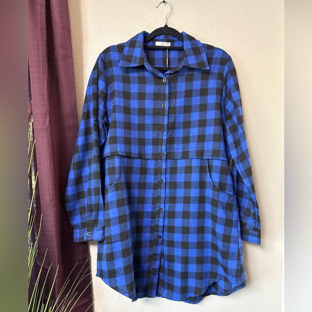 #713 HoTouch Blue/Black Plaid Flannel Dress With Pockets Size Medium